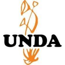 UNDA logo in black with orange abstract figure above and below the text