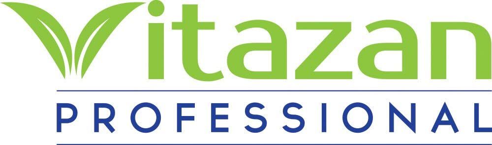 Vitazan Professional logo with green leaf accents and blue text on a white background