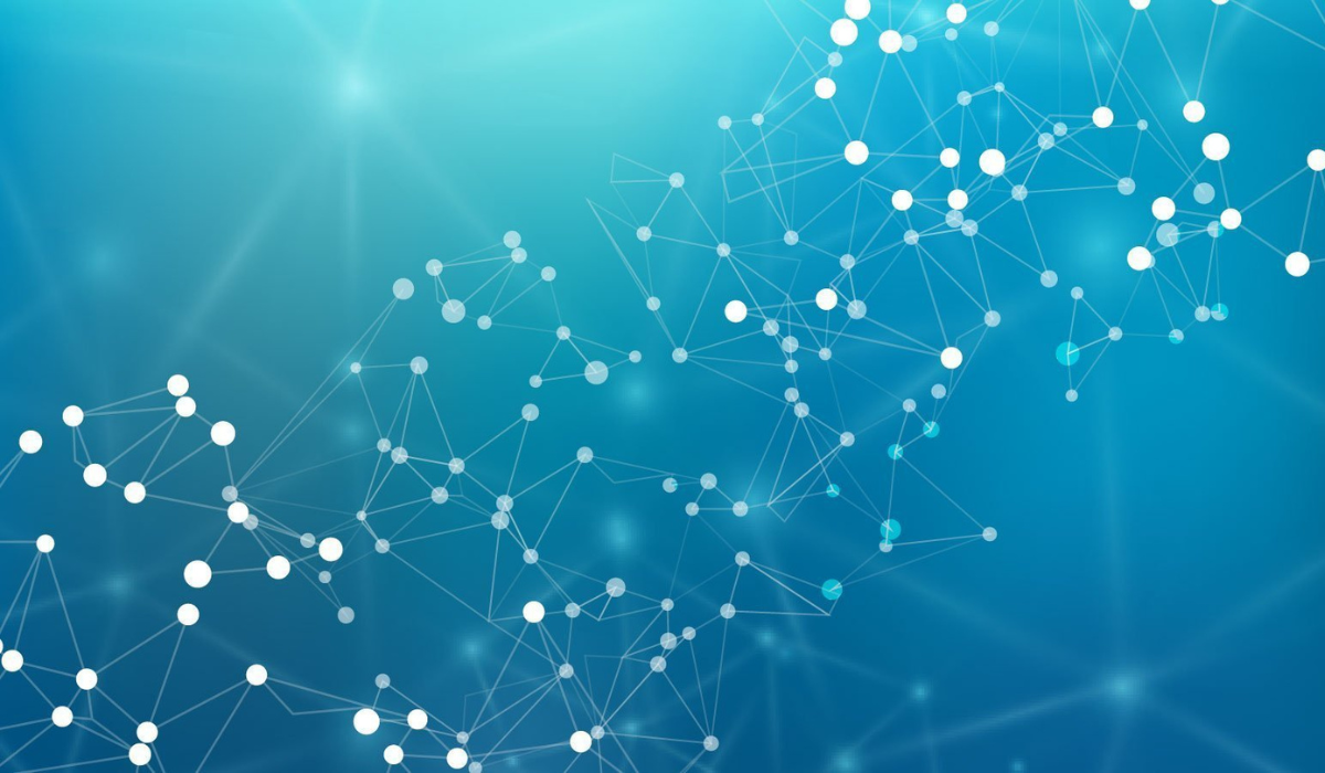 Abstract blue digital network with glowing connected nodes and lines across a gradient background