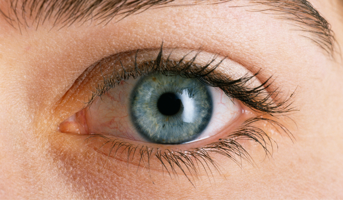 Close-up of a blue eye with long eyelashes and light skin around it