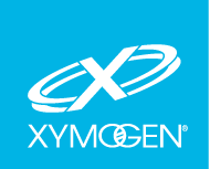 Xymogen logo in white on a blue background, with stylized swoosh around the X.