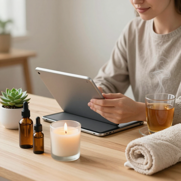 Woman using a tablet at a spa-like table with candles, essential oils, tea, and a rolled towel