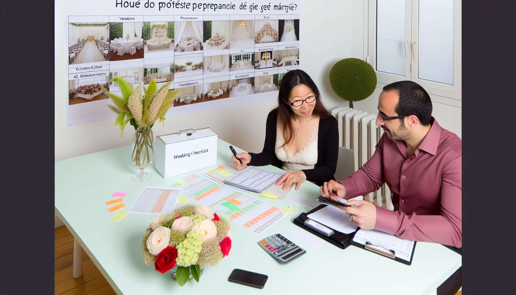 Couple heureux discutant des préparatifs de mariage.