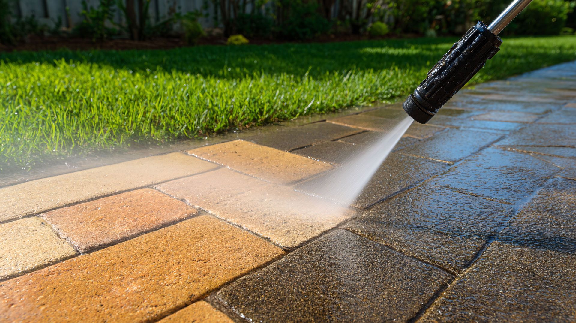An unrecognized person is pressure washing brick pavers outside a residential home.