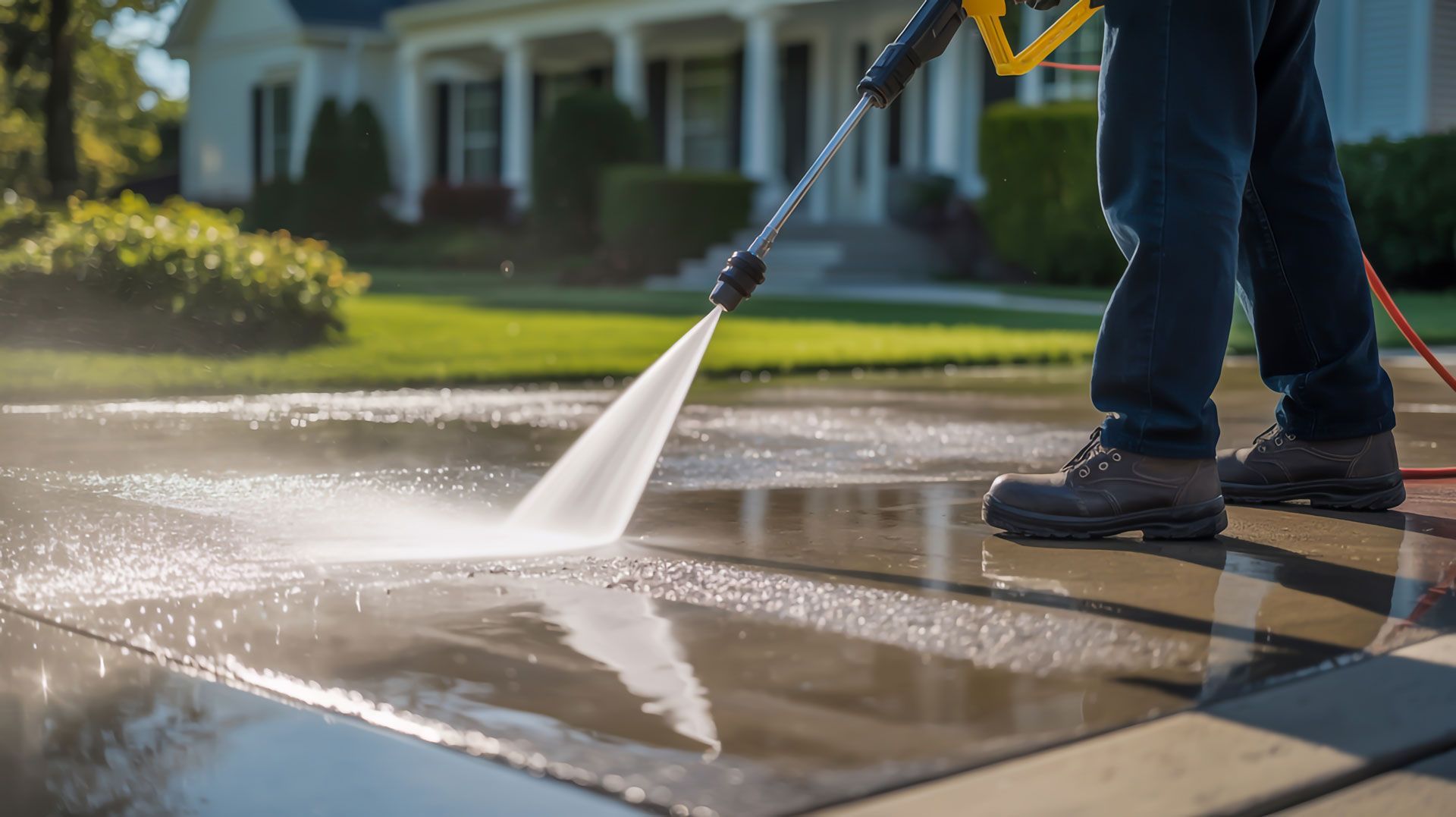 Person pressure-washing a driveway with a spray nozzle beside a suburban house