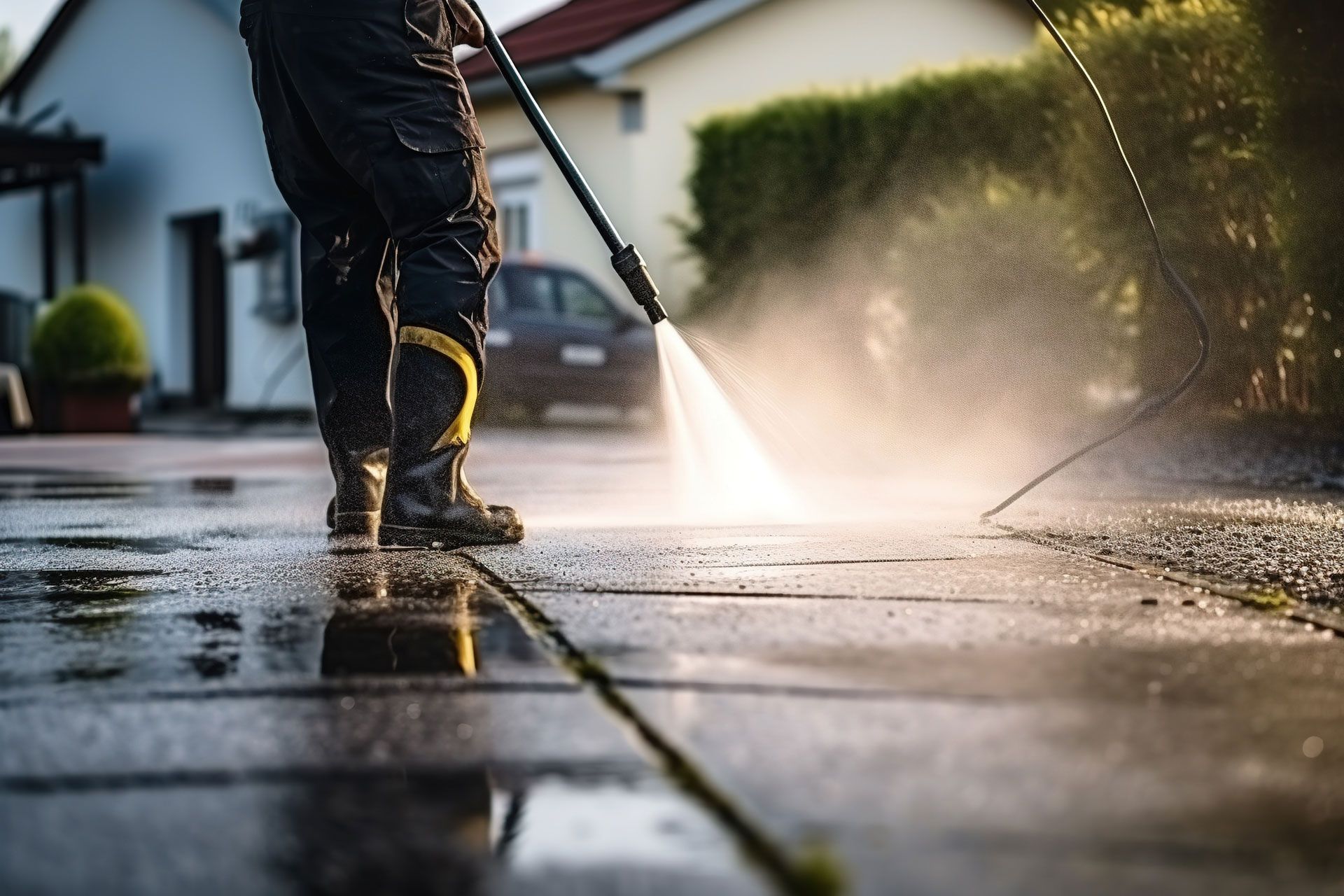 Person pressure washing a wet driveway beside a house, with water spraying in bright sunlight