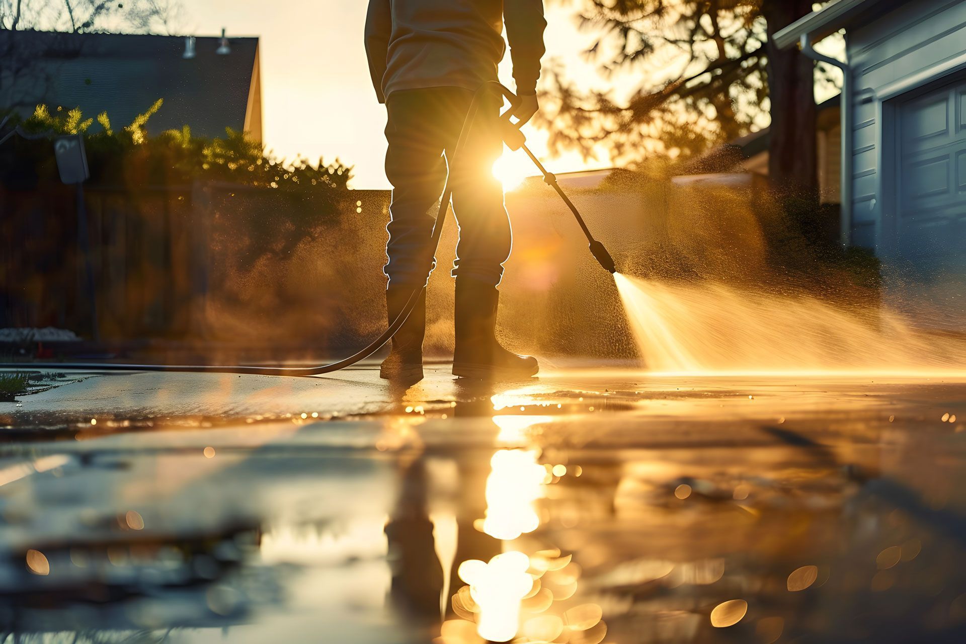 Person standing on a wet driveway at sunset, with golden light reflecting in puddles.