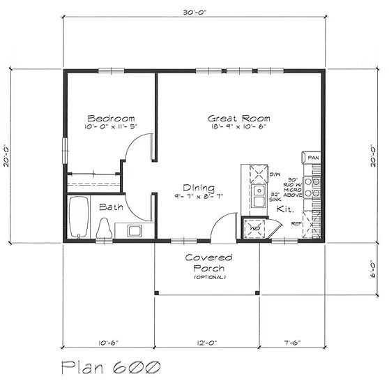 Floor plan of a small home with a bedroom, great room, dining area, kitchen, and covered porch.