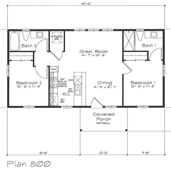 Floor plan of a rectangular house with two bedrooms, two bathrooms, a great room, and a kitchen.