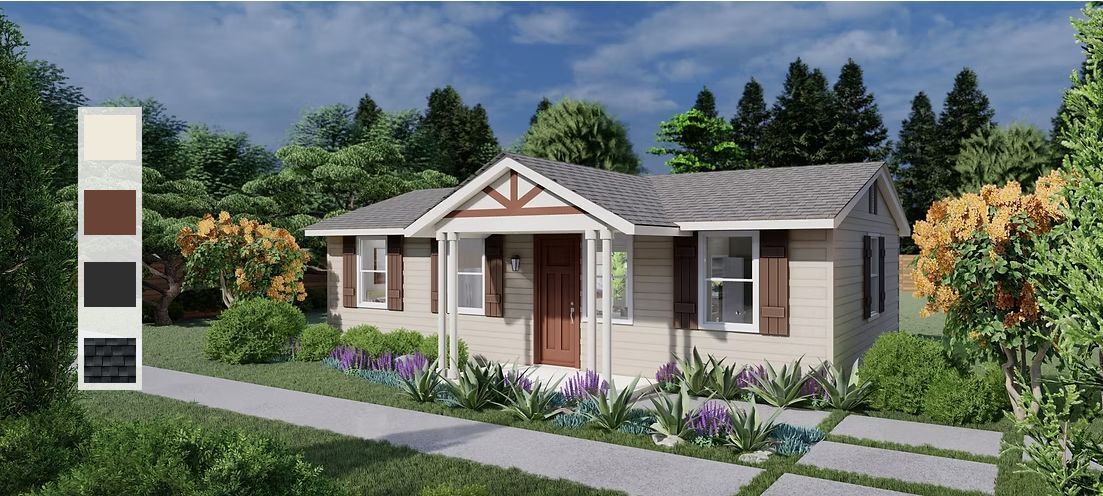 House exterior with color palette on the left. Stone walkway, plants, trees. Blue sky.