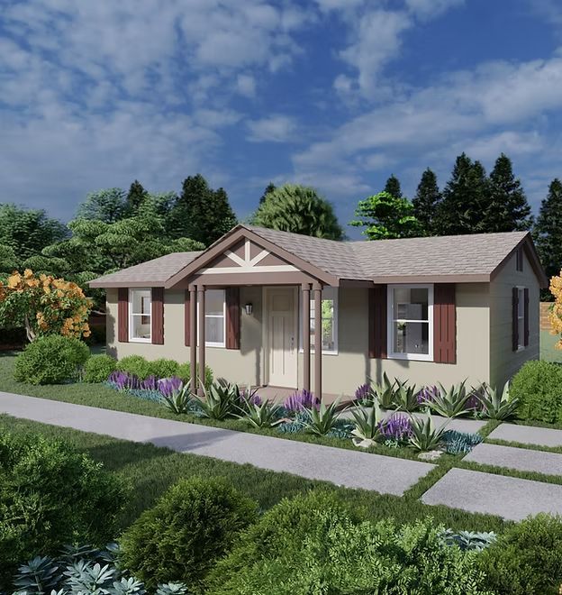 Cottage-style home with tan exterior, brown shutters, and a porch, surrounded by a garden and a blue sky.