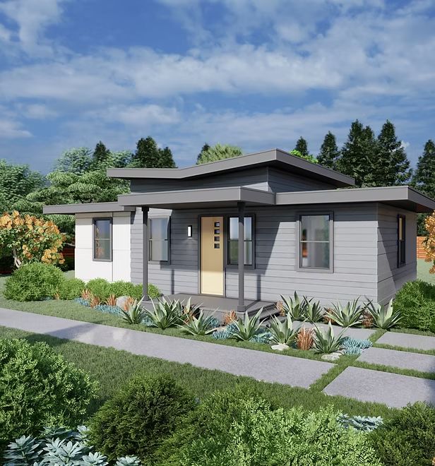 Modern one-story house with gray and white siding, flat roof, and a small porch; landscaped yard.