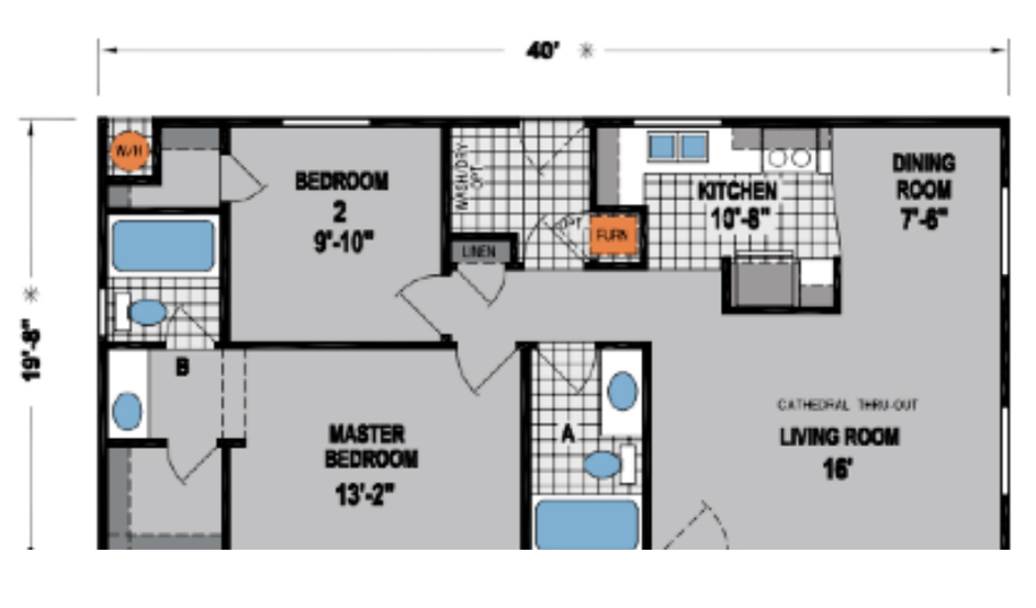 Floor plan layout of a single-story home with a kitchen, dining room, living room, and two bedrooms.
