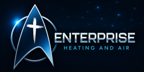 Enterprise Heating and Air logo with blue star and metallic lettering on a dark background