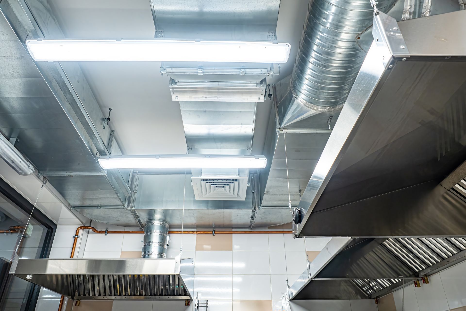 Ceiling with fluorescent lights, exposed ductwork, and ventilation in an industrial interior