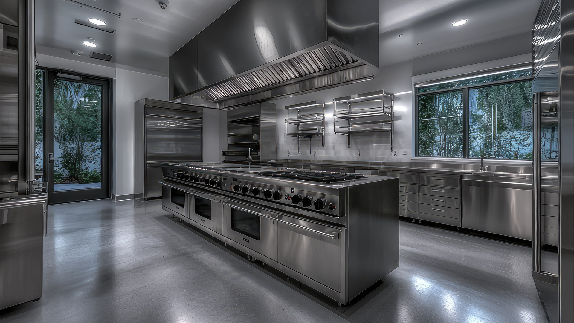Modern commercial kitchen with stainless cookline, ventilation hood and prep stations.