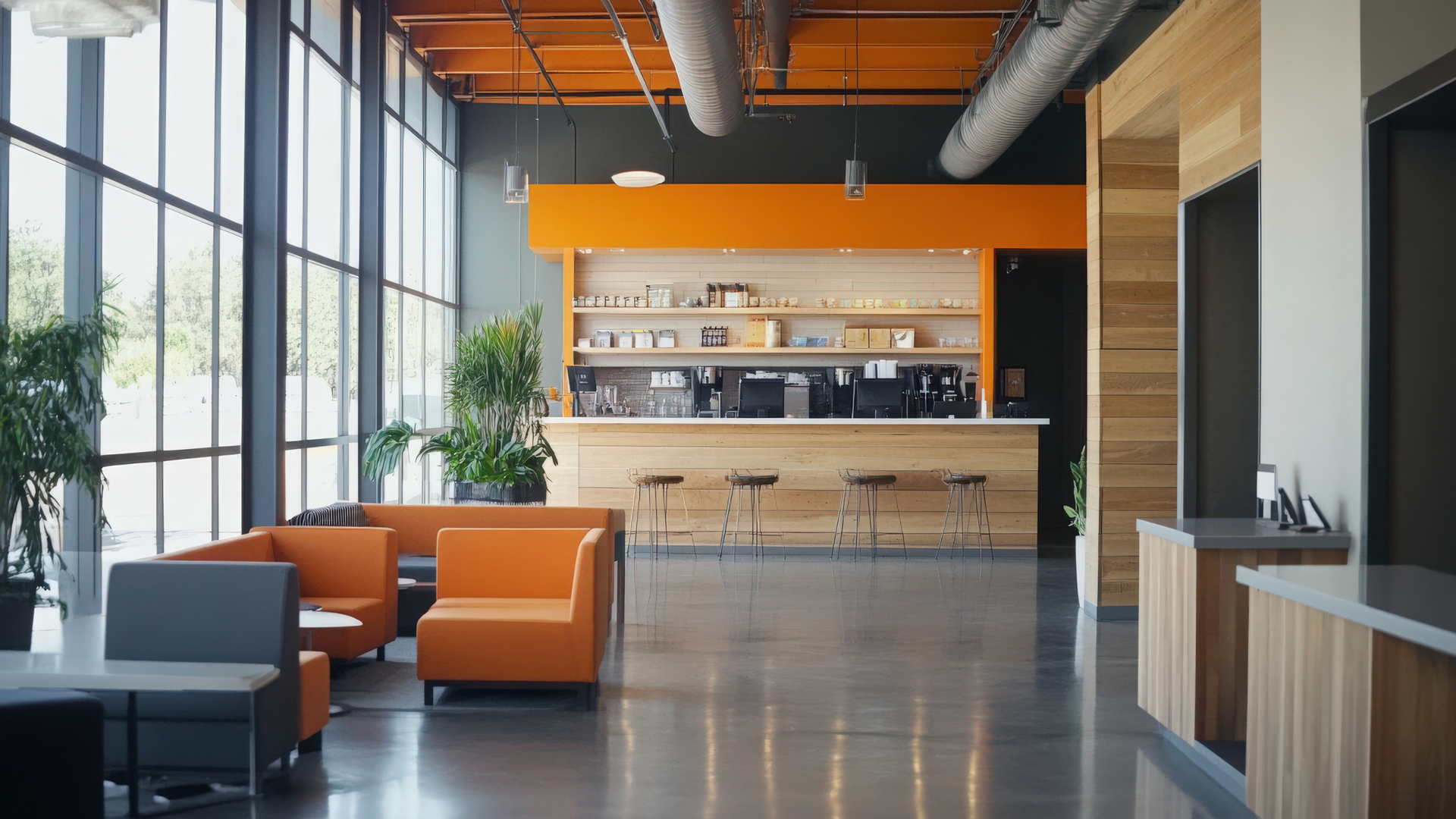 Modern café fitout with an orange feature soffit, timber service counter, polished concrete floor, exposed ducting, and lounge seating beside full-height windows. Modern café fitout with an orange feature soffit, timber service counter, polished concrete floor, exposed ducting, and lounge seating beside full-height windows.