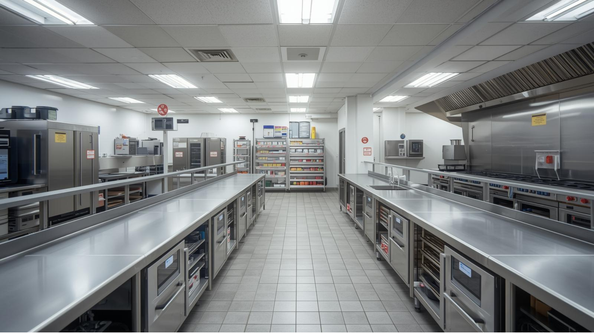 Empty commercial kitchen with stainless steel prep tables, ovens, refrigerators, and a large ventilation hood. Empty commercial kitchen with stainless steel prep tables, ovens, refrigerators, and a large ventilation hood.