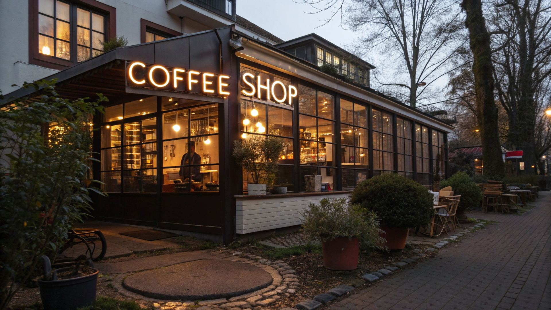 Coffee shop exterior at dusk with an illuminated “Coffee Shop” sign, glass-front façade, warm interior lighting, and outdoor seating along the footpath. Coffee shop exterior at dusk with an illuminated “Coffee Shop” sign, glass-front façade, warm interior lighting, and outdoor seating along the footpath.