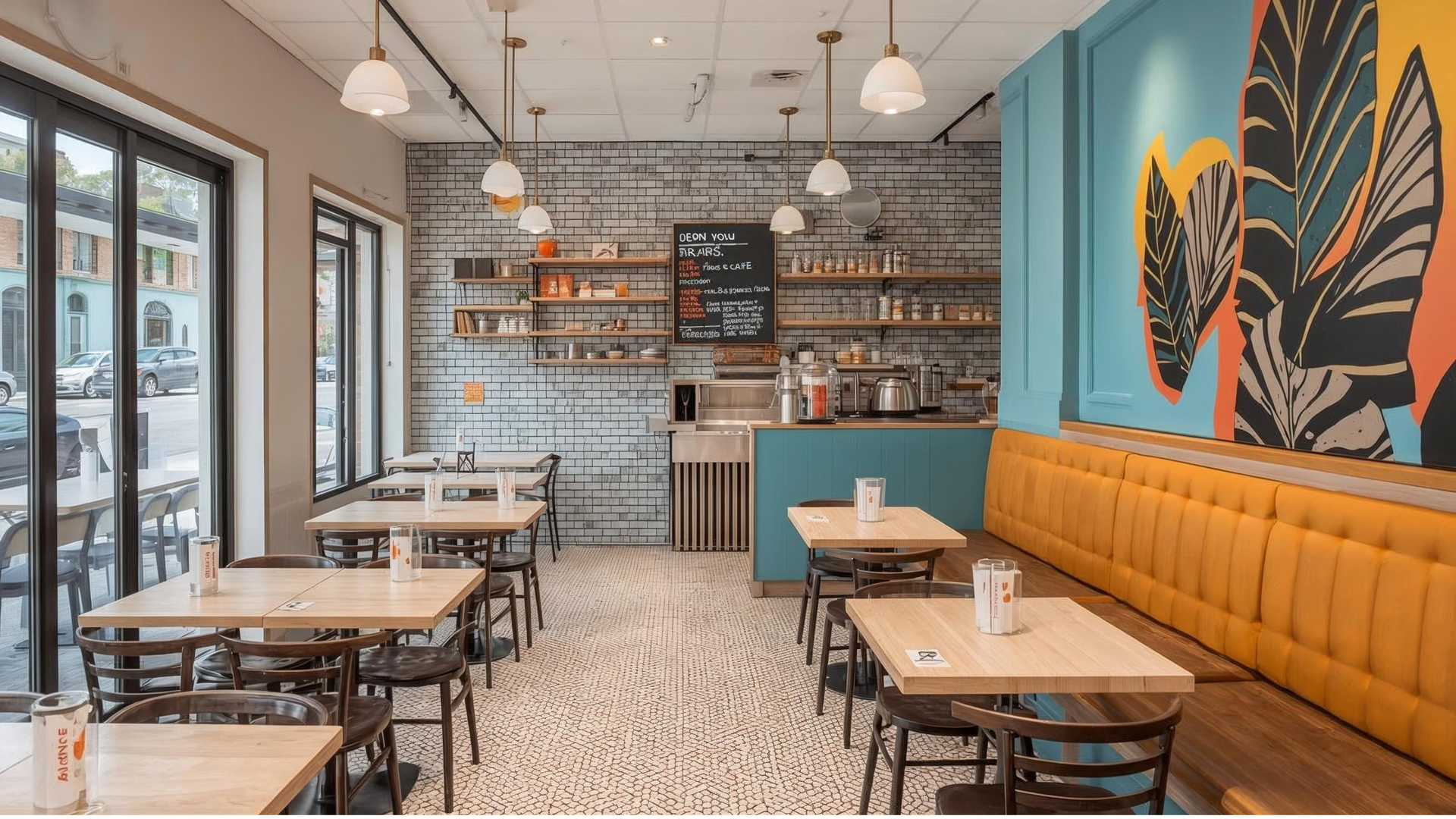 Bright café interior with yellow banquette seating, teal feature wall with bold leaf mural, timber tables, and white pendant lighting. Bright café interior with yellow banquette seating, teal feature wall with bold leaf mural, timber tables, and white pendant lighting.