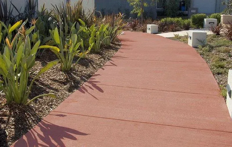 Curved Red Concrete Walkway Lined With Plants in a Sunny Garden Courtyard — Concrete Colour Solutions in Muswellbrook, NSW