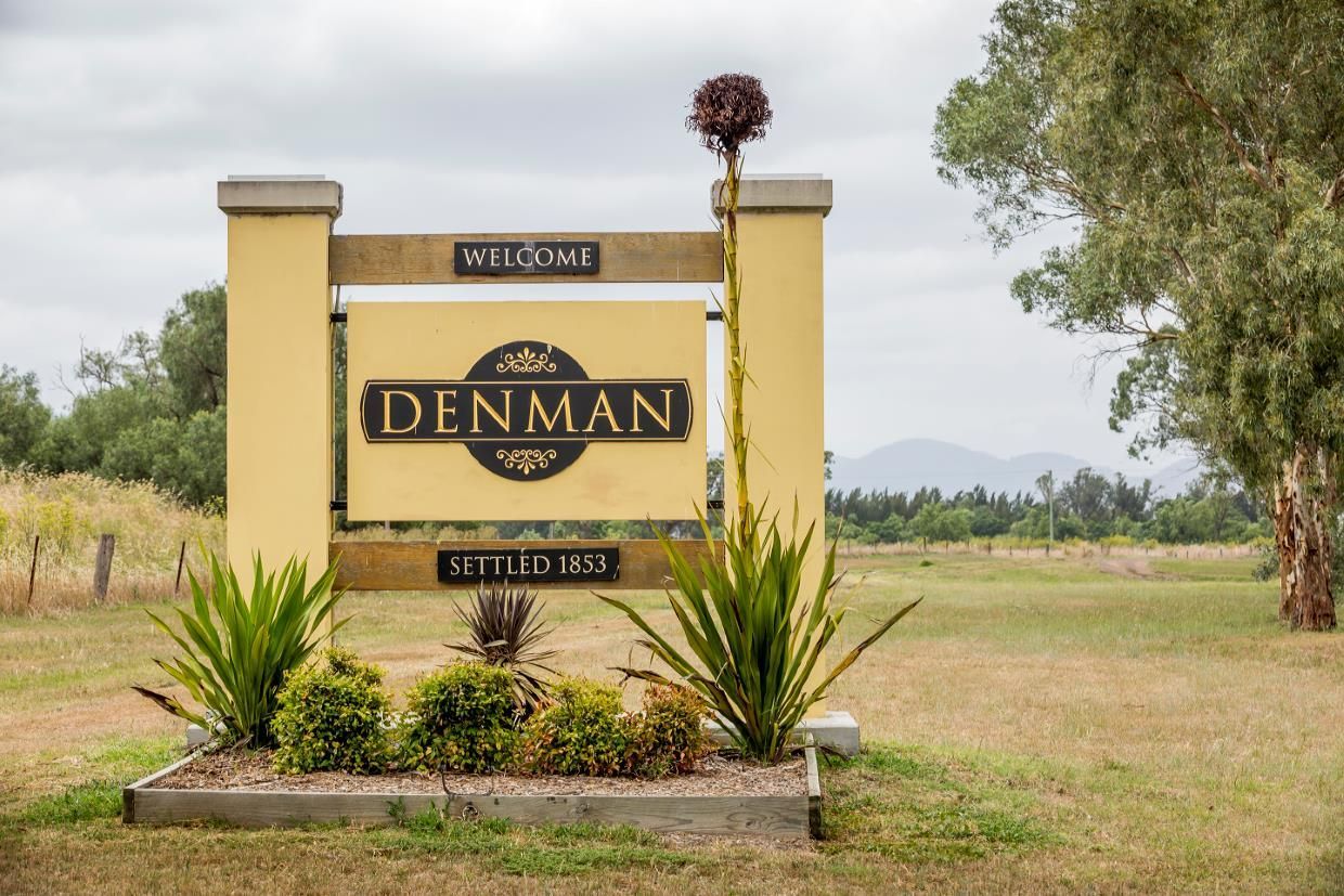 Denman Sign on a Yellow Wall, Framed by Plants in a Grassy Rural Setting — Concrete Colour Solutions in Denman, NSW