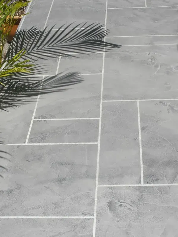 A close up of a tiled floor with a palm tree in the background. — Concrete Colour Solutions in Morisset, NSW