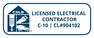 Contractors State License Board of California logo. The logo has the words Licensed Electrcal Contractor C-10 | CL#904102