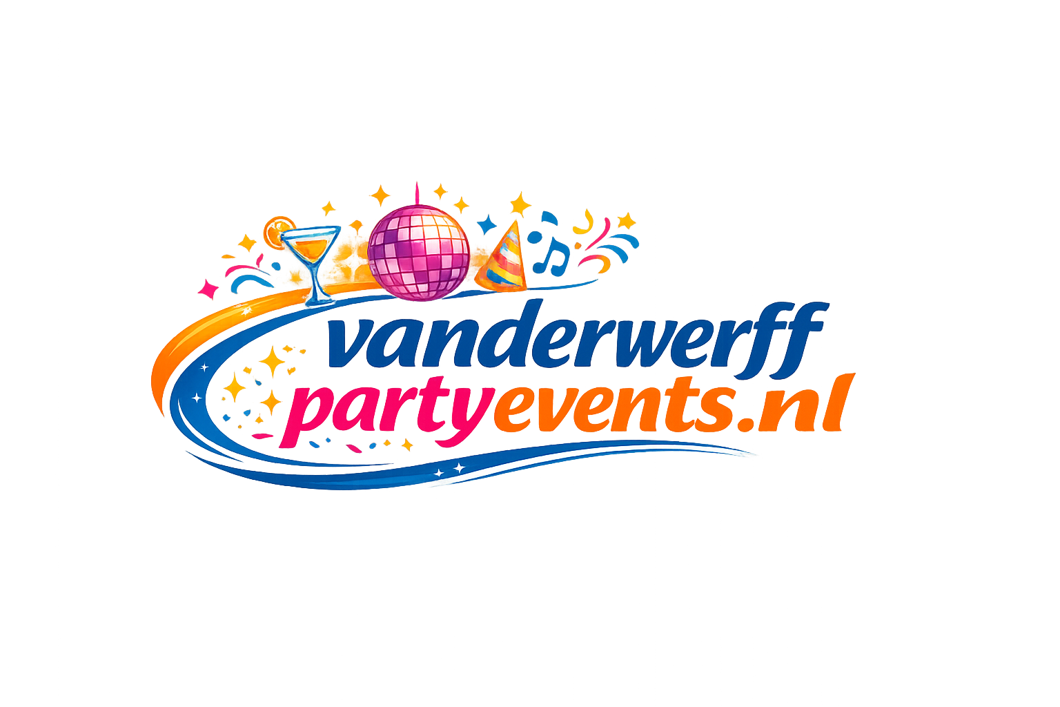 Logo voor vanderwerffpartyevents.nl met kleurrijke feesticonen zoals een discobal, cocktail en confetti.