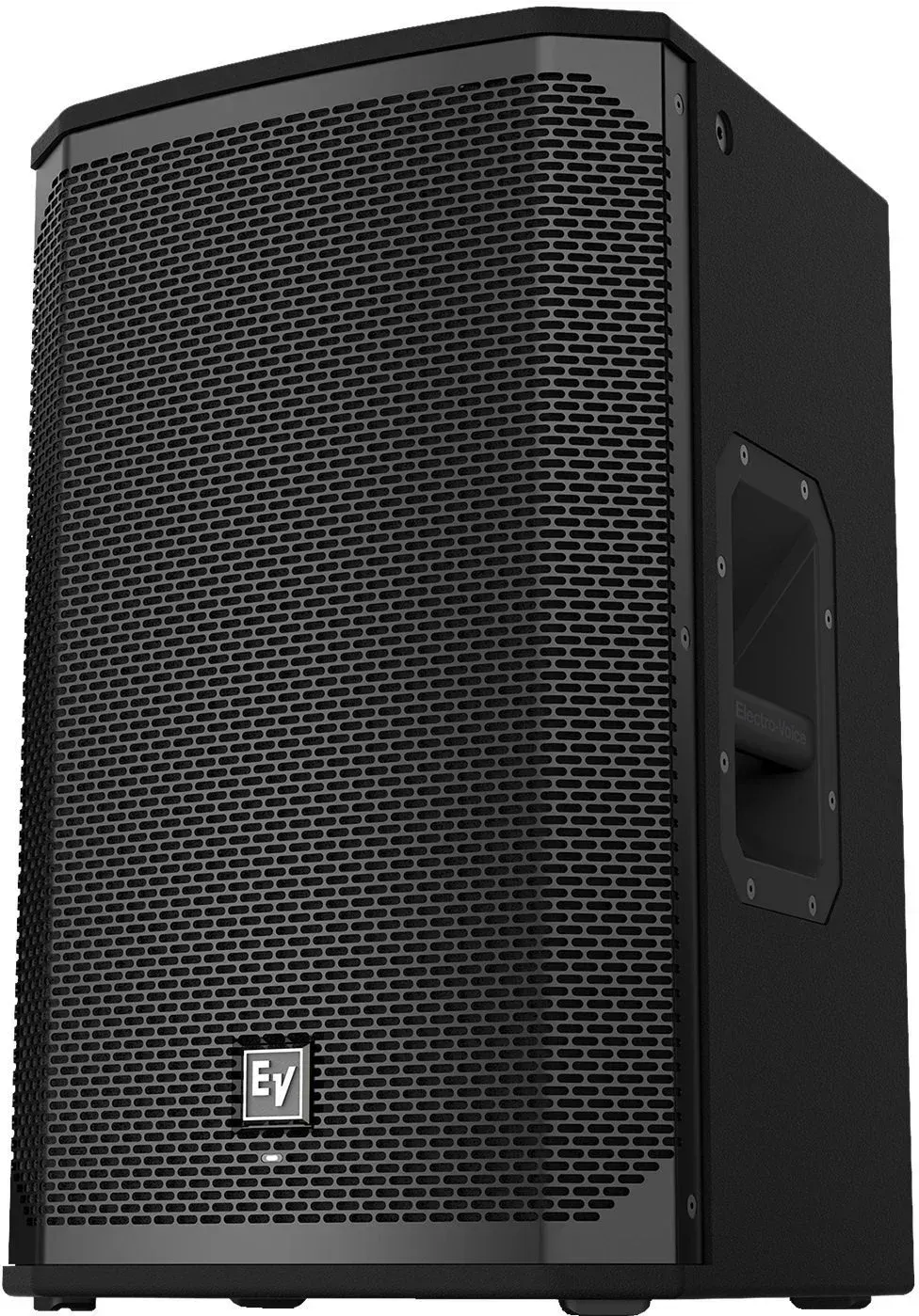 Een zwarte Electro-Voice (EV) professionele PA-luidspreker met metalen grille en handgreep aan de zijkant.