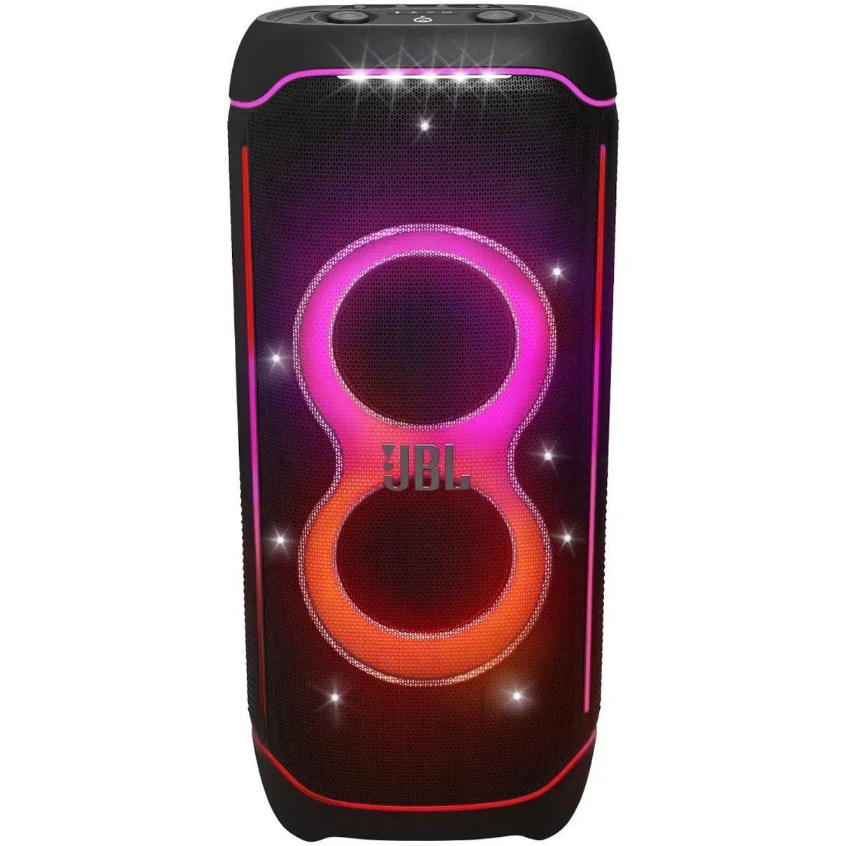 Zwarte JBL PartyBox-luidspreker met een oplichtende roze en oranje lichtshow in de vorm van een acht op het voorrooster.