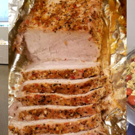 Sliced seasoned roast meat in foil, with several even slices separated and juices visible.