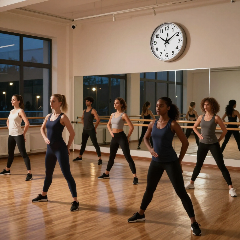 People exercising in a dance studio with mirrors and a wall clock