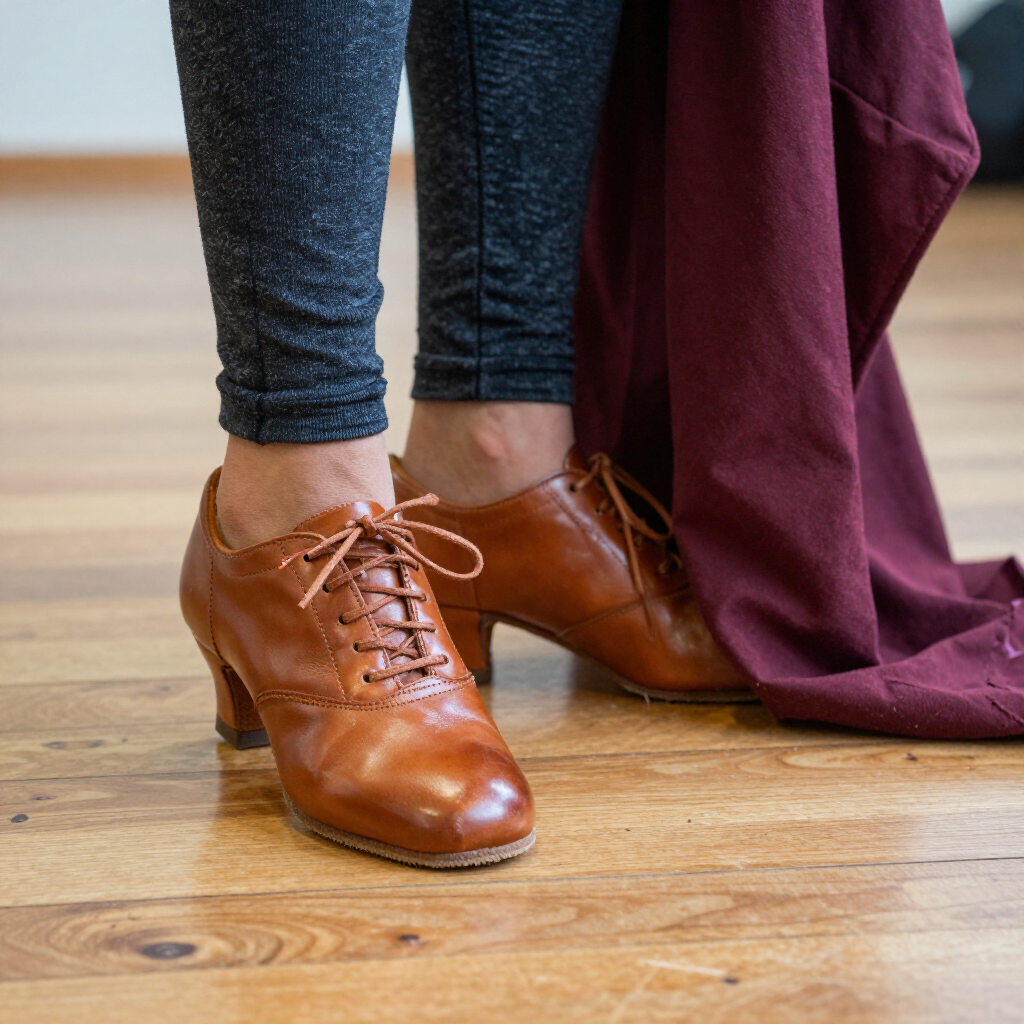 Brown leather lace-up boots on a wooden floor beside a maroon draped fabric