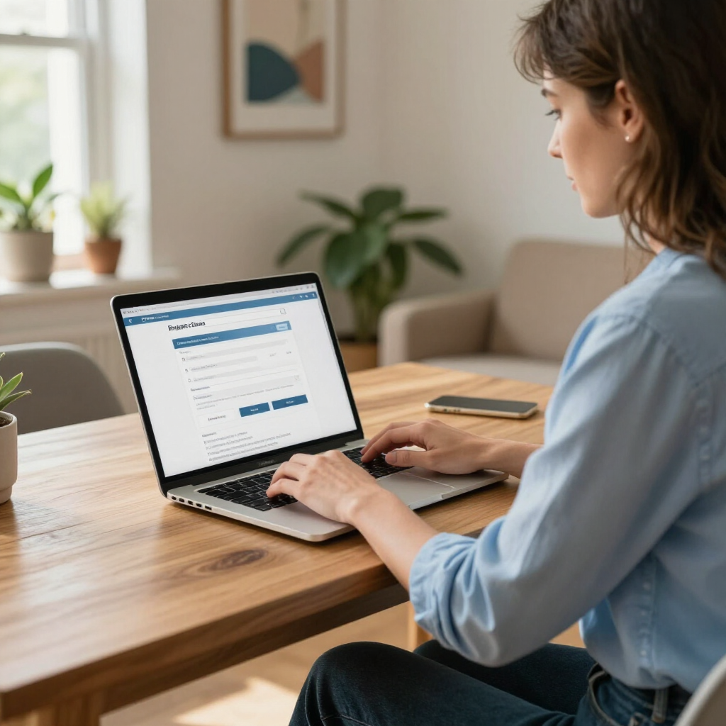 Person typing on a laptop at a wooden table in a bright living room