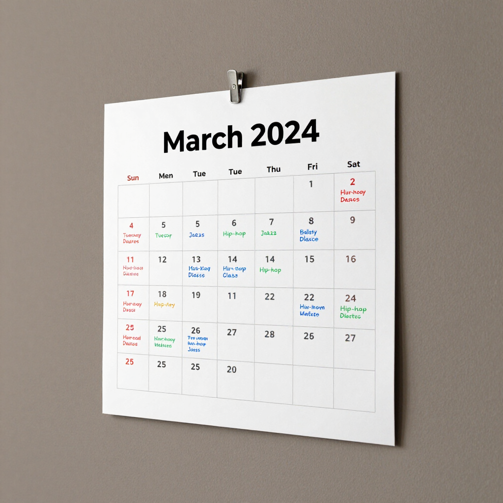 Wall calendar showing March 2024, with a white page and several colored notes marked on dates.