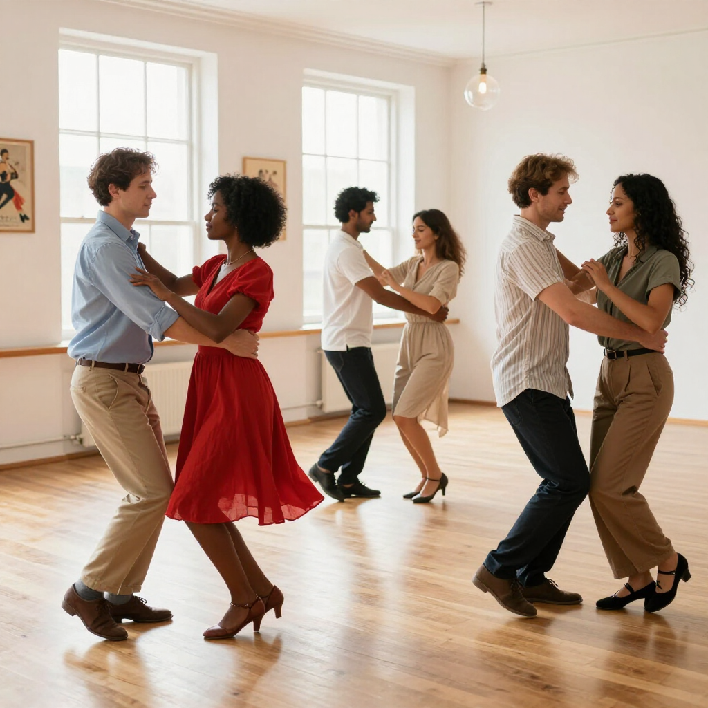 Two couples ballroom dancing in a bright studio with wooden floors