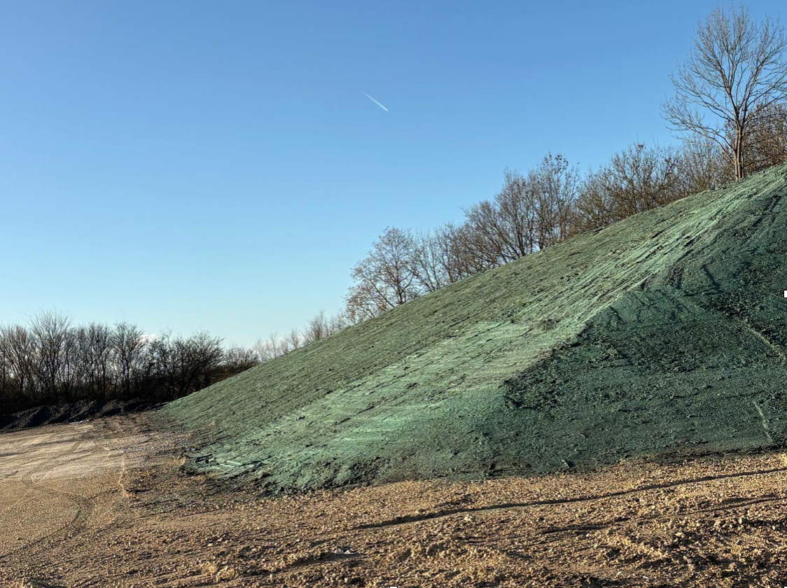 Hydroseeded steep embankment banks at Thorpe Marsh Battery Energy Storage Site, Yorkshire.