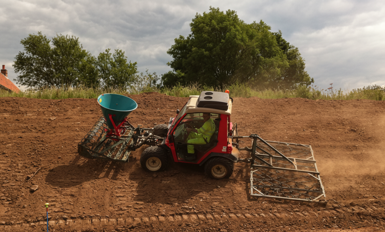 Aebi tractor preparing an embankment for conventional seeding.