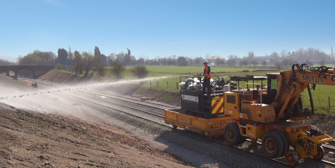 Hydroseeding a steep embankment from a train pulled hydroseeder to ensure erosion compliant bank.