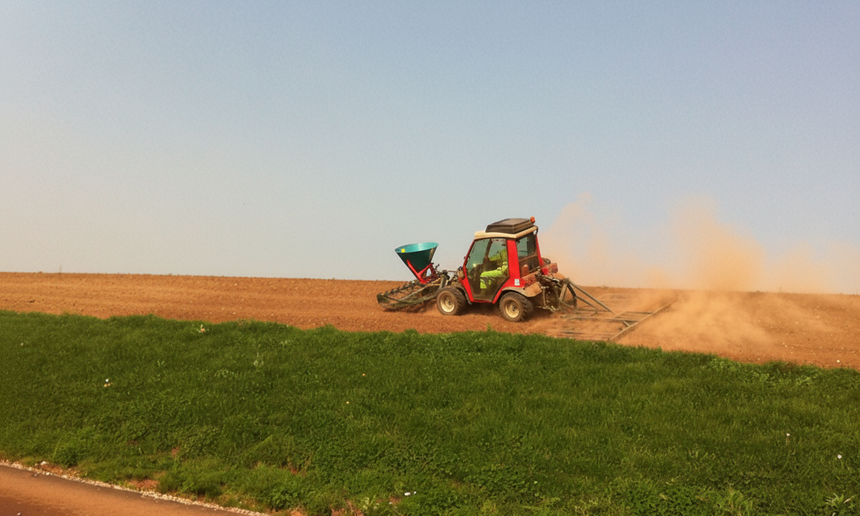 Large-scale conventional seeding with tractor-mounted drill on prepared ground