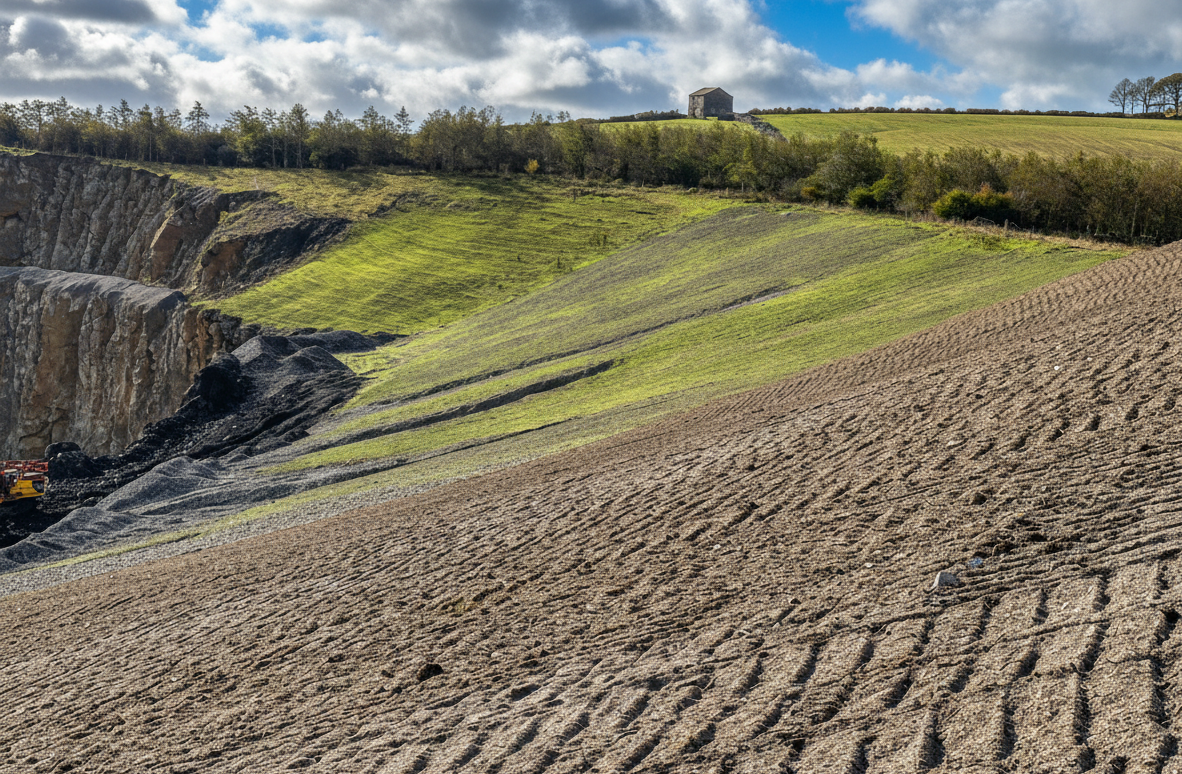 Hydroseeded limestone quarry slopes showing land reclamation and ecological restoration