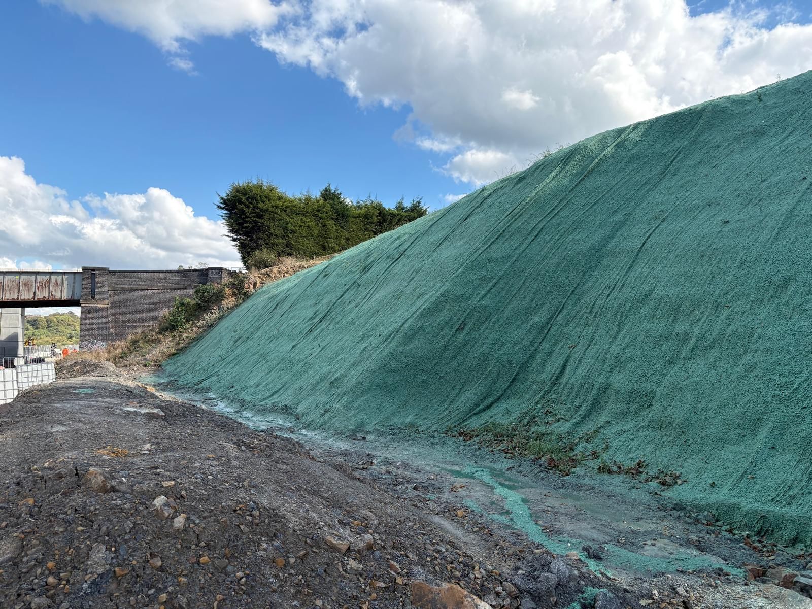 A recently hydroseeded bank along the Transpennine Railway. BFM used for enhanced erosion control.