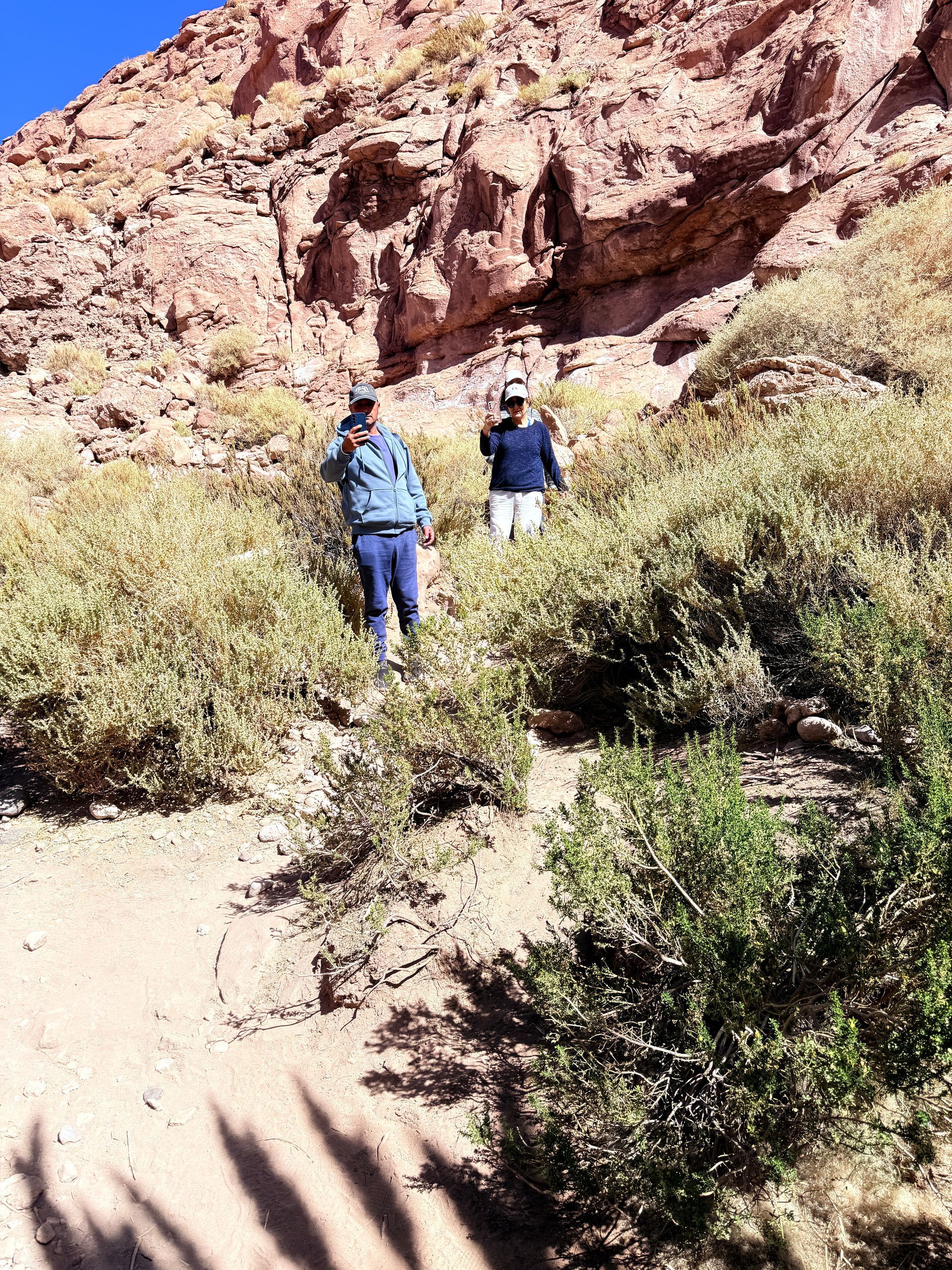 Dos excursionistas en un sendero rocoso del desierto junto a paredes de cañón rojizas y arbustos.