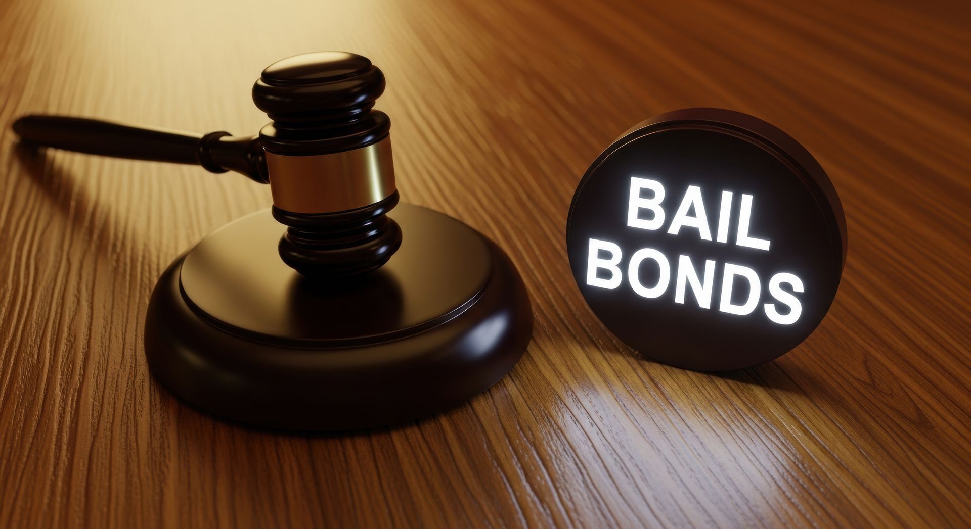 A judge's gavel next to a glowing sign for a professional 24-hour bail bonds service. A judge's gavel next to a glowing sign for a professional 24-hour bail bonds service.