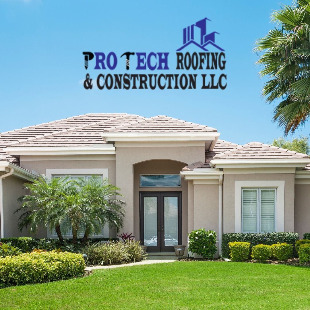 A large house with a lush green lawn and a logo for pro tech roofing and construction llc