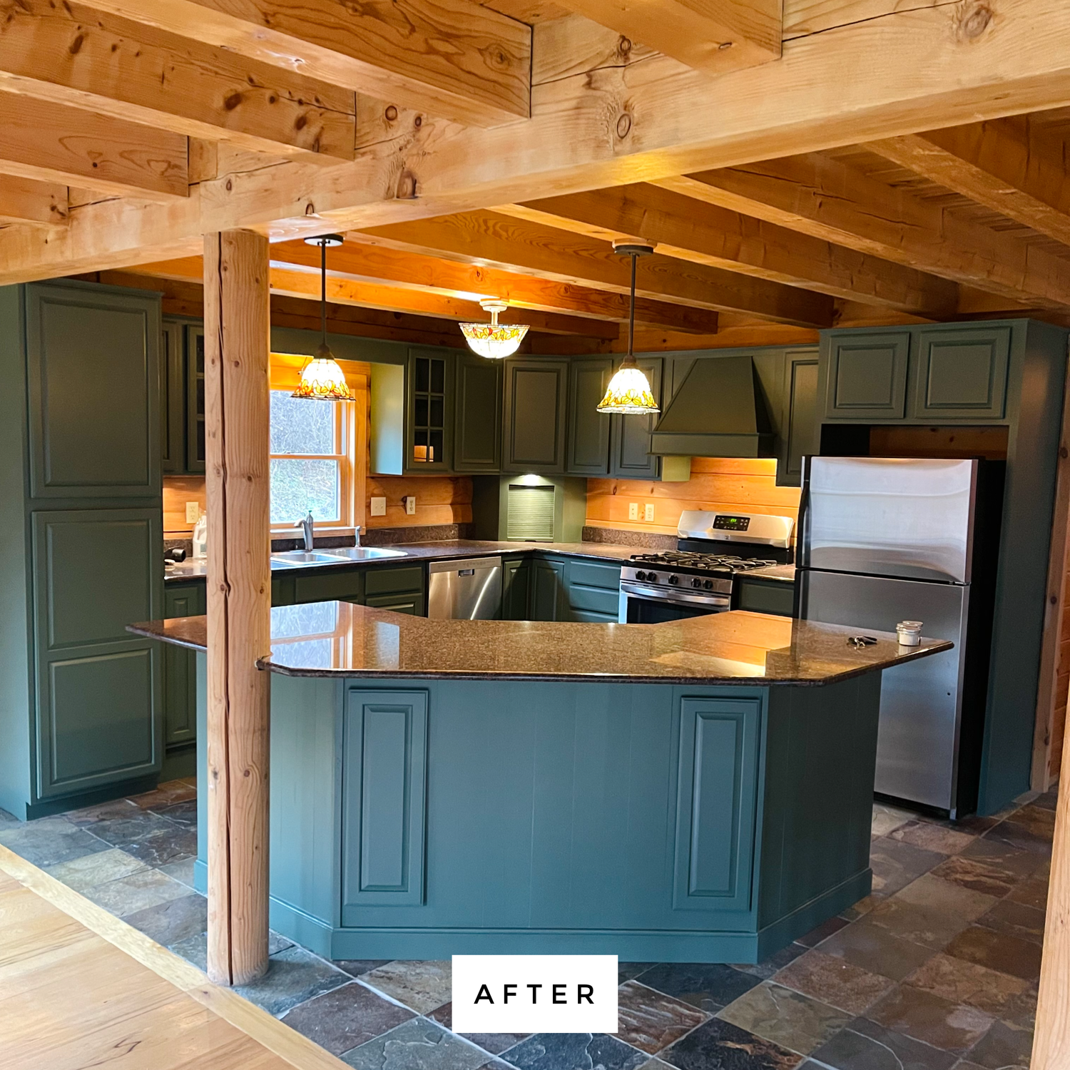 Green kitchen remodel with wood beams, island, and granite countertops.