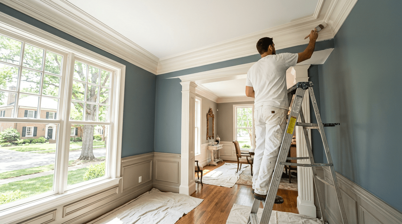 Painter on a ladder painting a blue wall in a bright room with large windows