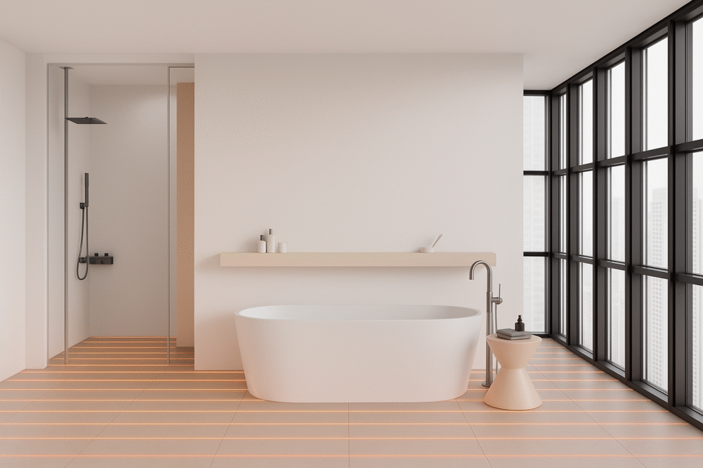 Modern bathroom with a white bathtub, shower, and large black-framed windows. Light wood floors and shelf.