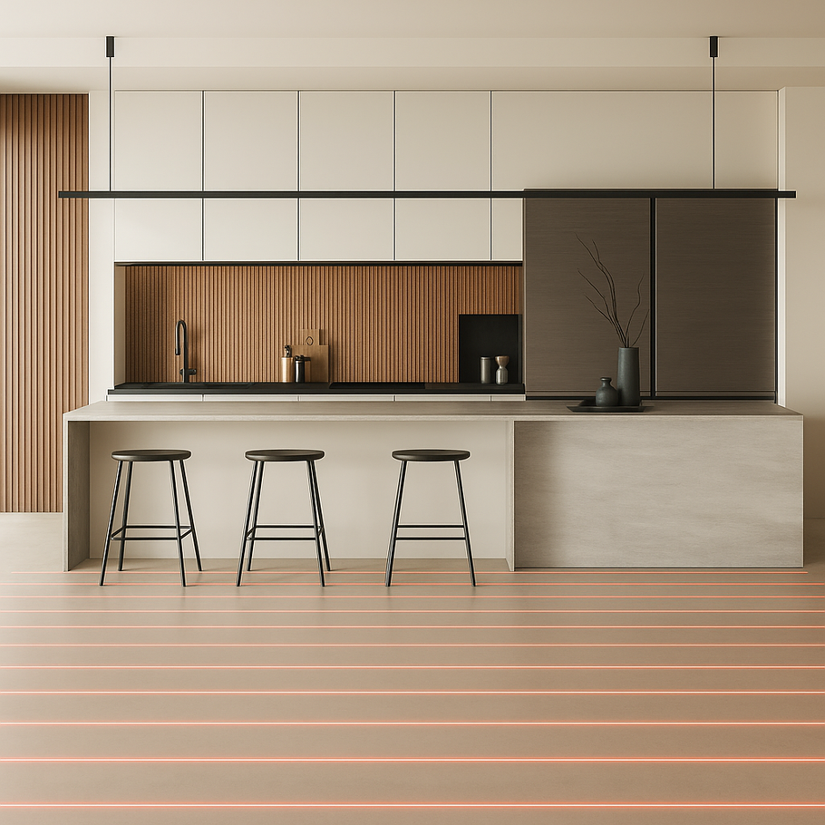 Modern kitchen with gray island and stools, wooden backsplash, and cream cabinets.